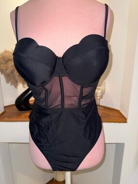 Sculpted Black Mesh Bustier One-Piece Swimsuit